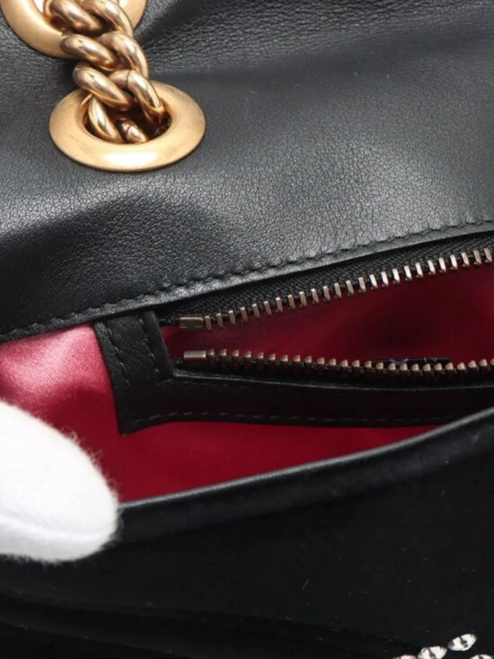 Gucci GG Marmont Crystals Velour x Bijou Chain Shoulder Bag Black - Picture 10 of 14